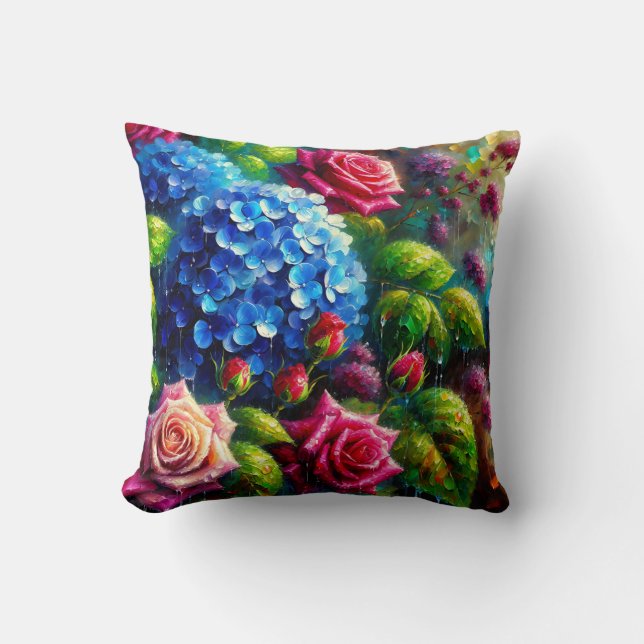 Almofada "Rosas e Hydrangeas em Chuva - Arte Floral Vibrant (Frente)