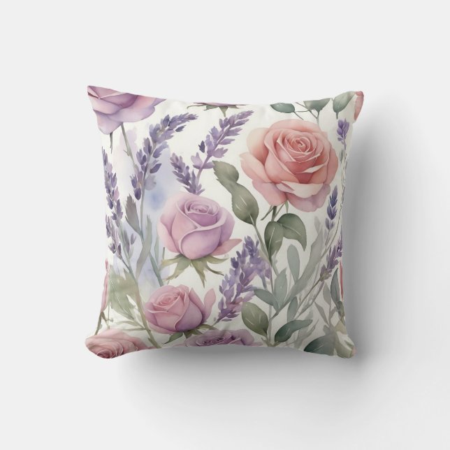 Almofada Rosas e Lavanda em Aquarela Sonhadora (Frente)