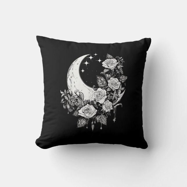 Almofada Rosas-Lua - Gótico Romântico - Whimsigoth Witchy W (Frente)