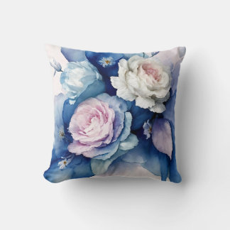 Almofada Rosas Românticos Azuis e Blush de Aquarela Floral 