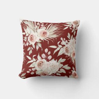 Almofada Rosas Rosa Boho no Vermelho Borgonha