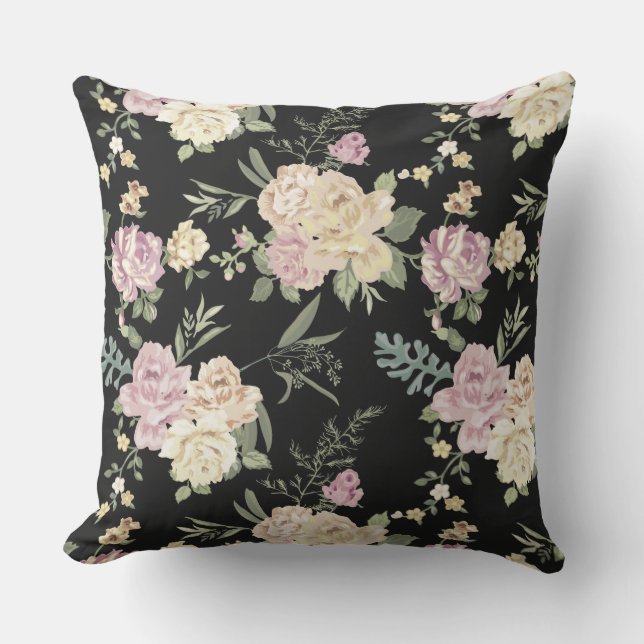 Almofada Rosas rosa-moda velhas e padrão Chintz em preto (Frente)
