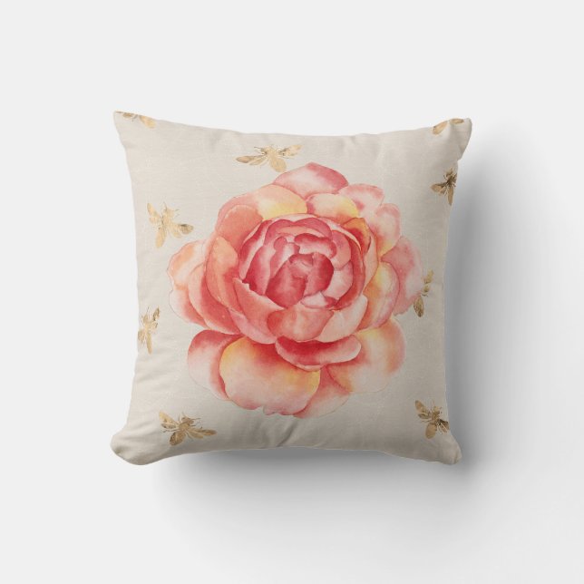 Almofada Rosas sobre Branco com Fundo de Abelhas Douradas (Frente)