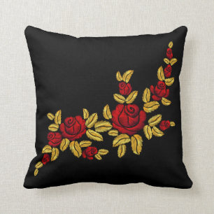 Almofada Rosas vermelhas bordadas Ouro deixa preto