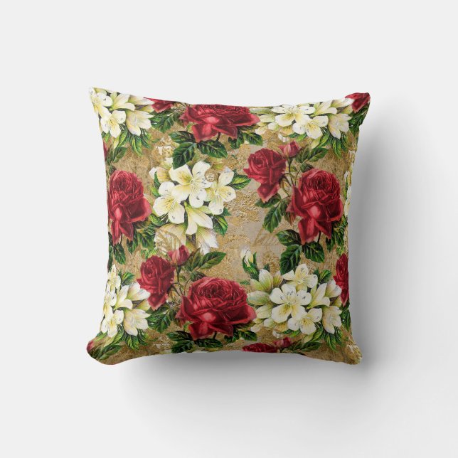 Almofada Rosas vermelhas de Vintage brancas castanho-branco (Frente)