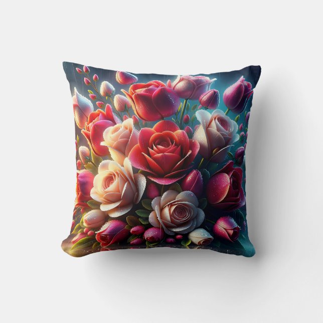 Almofada Rosas vermelhas e cor-de-rosa com gotas de chuva (Frente)