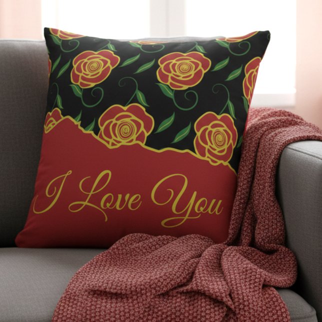 Almofada Rosas Vermelhas e Pretas Amam Você (Romantic message pillow in black and red, covered by roses. Perfect for Valentines gift.)