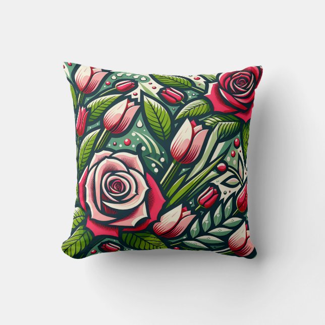 Almofada "Rosas vermelhas estilizadas com Dewdrops" (Frente)