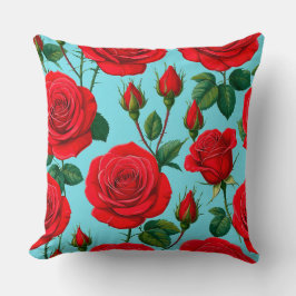 Almofada Rosas Vermelhas Vibrantes em um Fundo Azul Claro