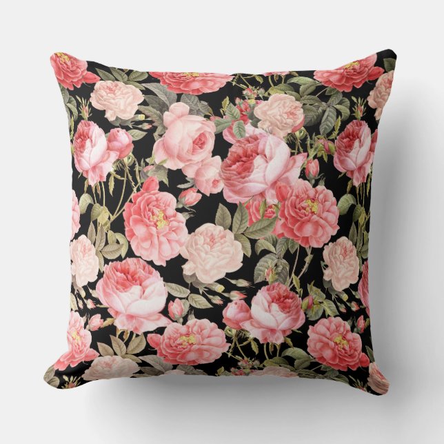 Almofada Rosas vitorianos cor-de-rosa no padrão preto (Frente)