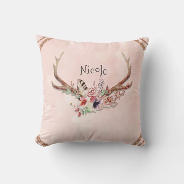 Almofada Rose Blush Rosa Floral Chifre de Veado Boho Chic (Frente)