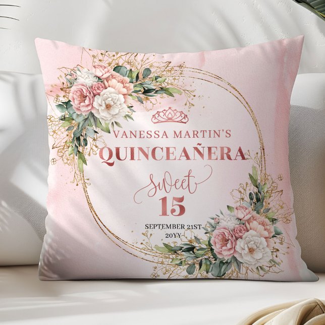 Almofada Rose Gold Floral Eucalyptus Quinceañera Pillow (Elegant Rose Gold Floral Quinceañera 15th Birthday Pillow)