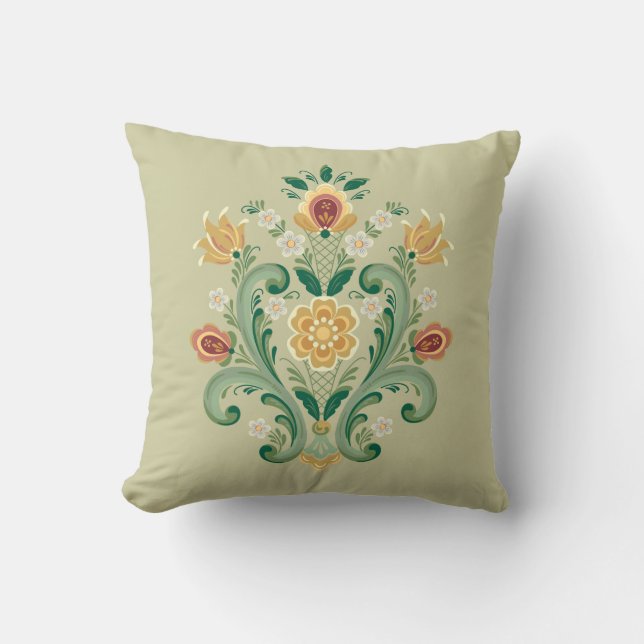 Almofada Rosemaling in Green and Dourado (Frente)