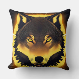 Almofada Rosto de Lobo Radiante Iluminado por Luz Dourada