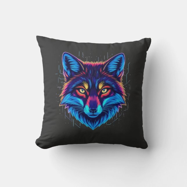 Almofada Rosto de Raposa Neon – Design Vibrante e Glowing (Frente)