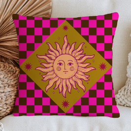 Almofada Rosto de Sol Boêmio em Padrão Xadrez Fuchsia