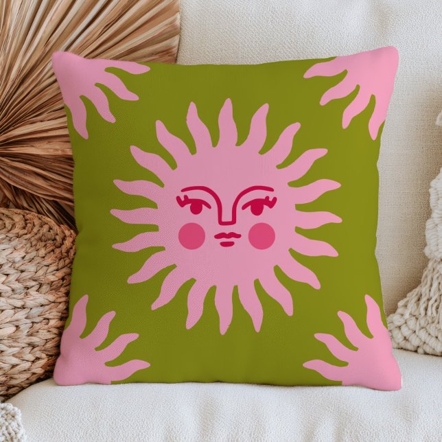 Almofada Rosto de Sol Boêmio Rosa em Verde Chic BOHO Místic (Criador carregado)