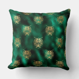 Almofada Rosto de Tigre Selvagem Verde e Dourado Elegante S