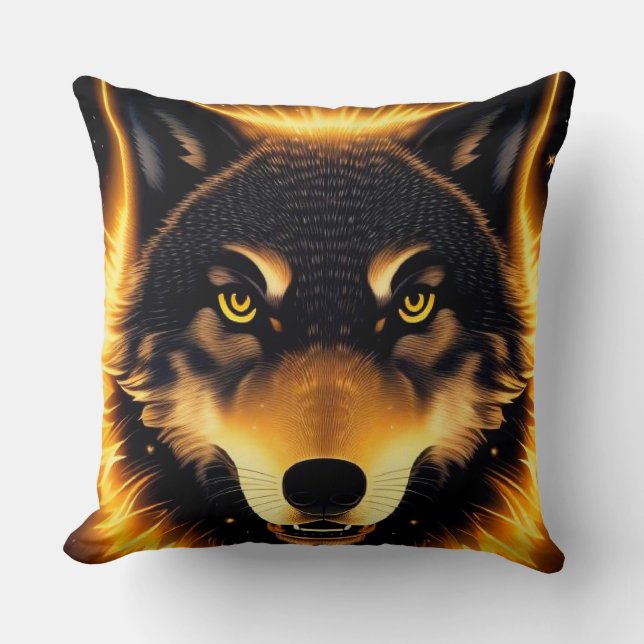 Almofada Rosto do Lobo Radiante Iluminado pela Luz do Ouro (Frente)