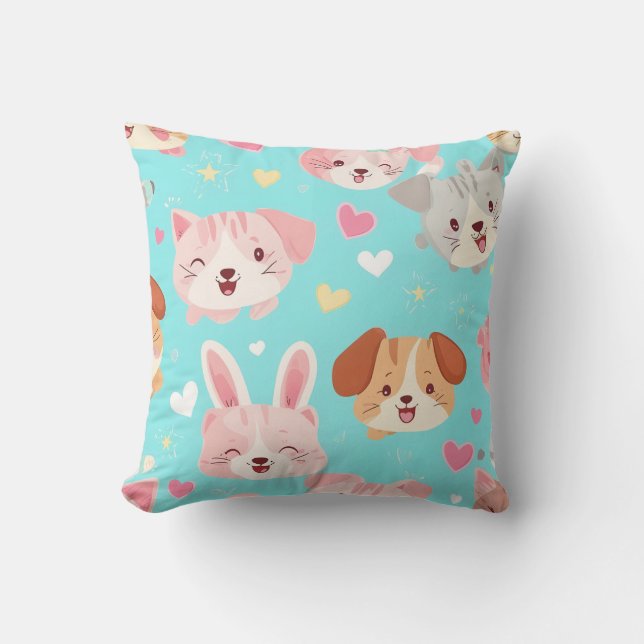 Almofada Rostos de Animais Fofos e Corações Pastel (Frente)