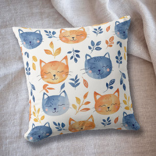 Almofada Rostos de Gato de Cor Laranja Azul Feliz