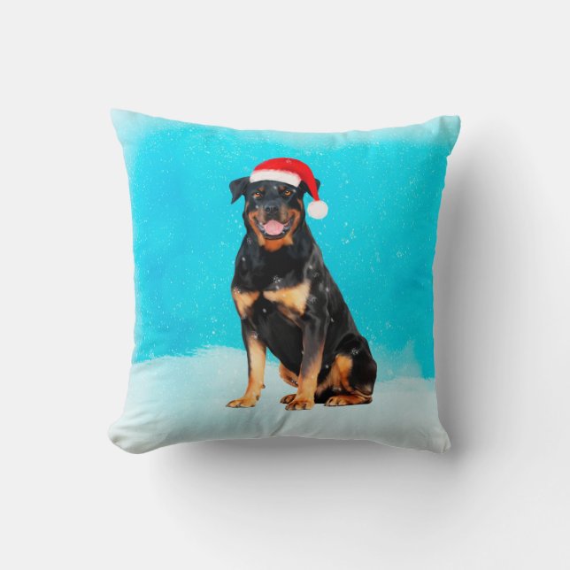 Almofada Rottweiler Cachorro na Neve com Papai Noel (Frente)