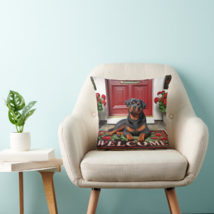 Almofada Rottweiler em uma porta de boas-vindas