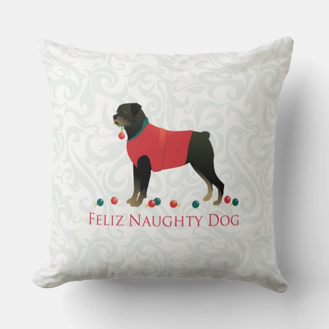 Almofada Rottweiler Feliz Naughn, Design de Natal (Frente)