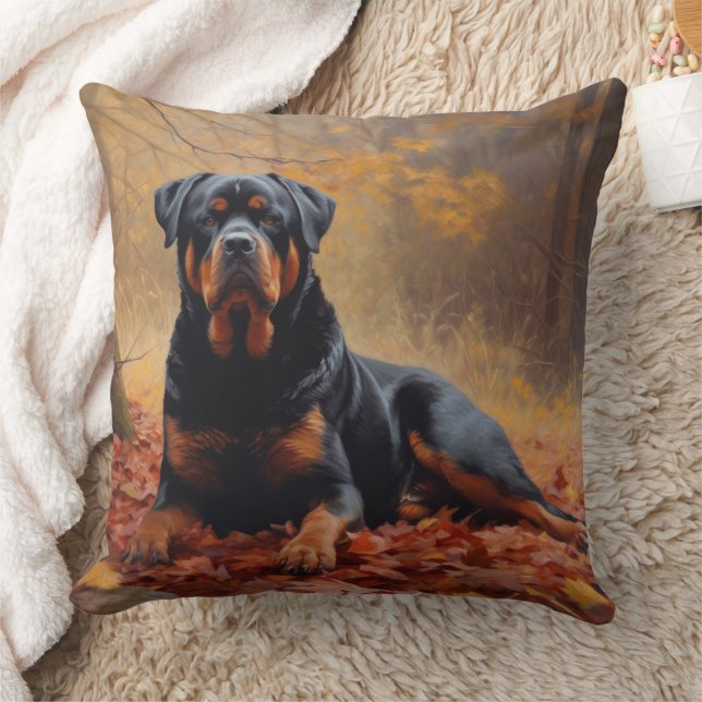 Almofada Rottweiler nas Folhas de outono cai inspirador (Cobertor)