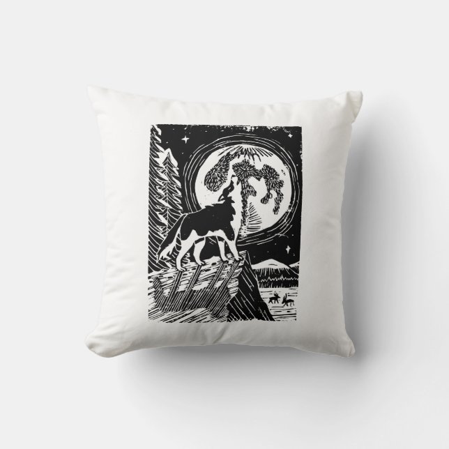 Almofada Rouco de Howling Preto e Branco no Linocut da Noit (Frente)