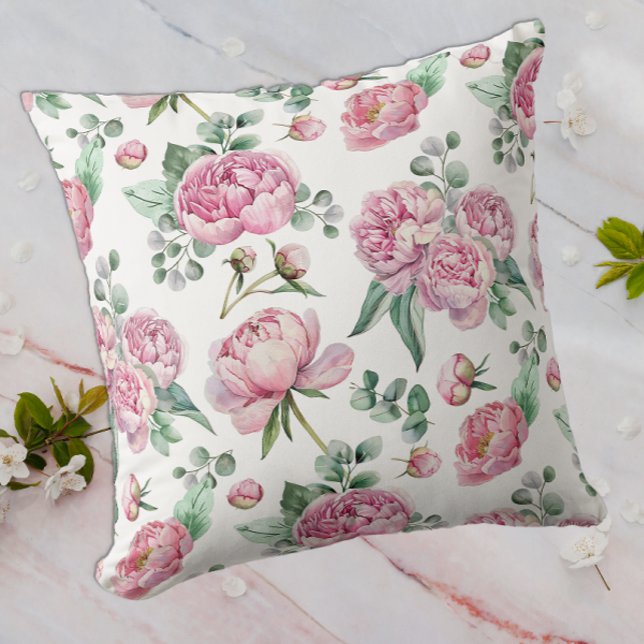 Almofada Rouge Rosado Floral e Folhagem de Eucalipto Aquare (Watercolor Floral Throw Pillow)