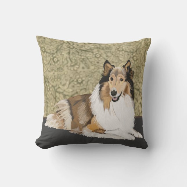 Almofada Rough Collie sobre um fundo Floral Brown (Frente)