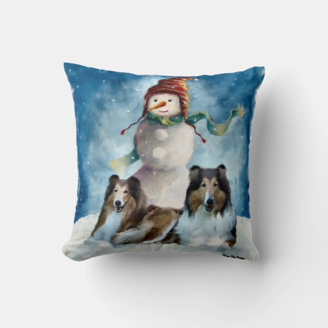 Almofada Rough Collies com Snowman no Natal (Frente)