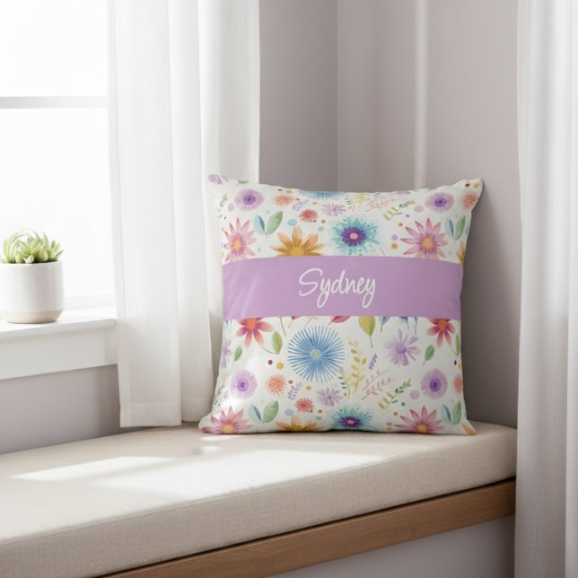 Almofada Roxo Azul Rosa Boho Flor de Campo Personalizado  (Criador carregado)