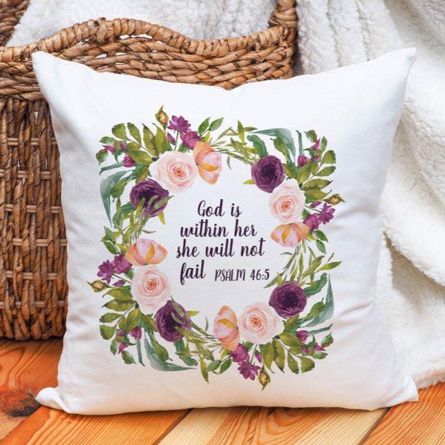 Almofada Roxo Blush Floral Deus está dentro de seu cristão ("God is within her, she will not fail." burgundy and pink floral Christian Bible verse pillow)