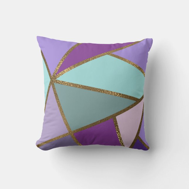 Almofada Roxo Rosa Azul Turquesa e Dourado Bronze Geométric (Frente)