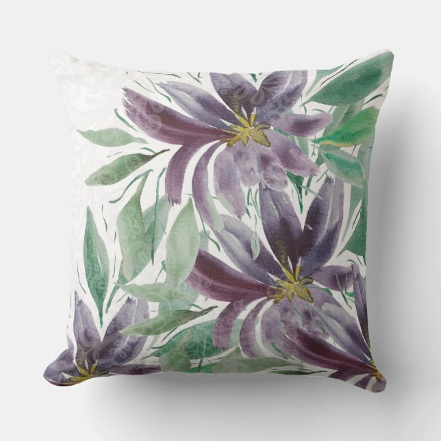 Almofada Roxo Roxo Verde Lotus Watercolor (Frente)