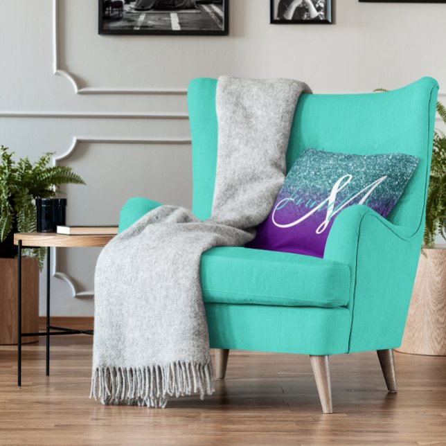 Almofada Roxo Violeta e Verde Água Ombre Glitter Monogramad (Violet Purple and Teal Ombre Glitter Monogram Throw Pillow)