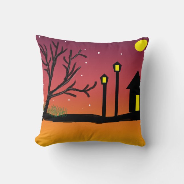 Almofada Rua Sunset de inverno com neve e silhuetas (Frente)