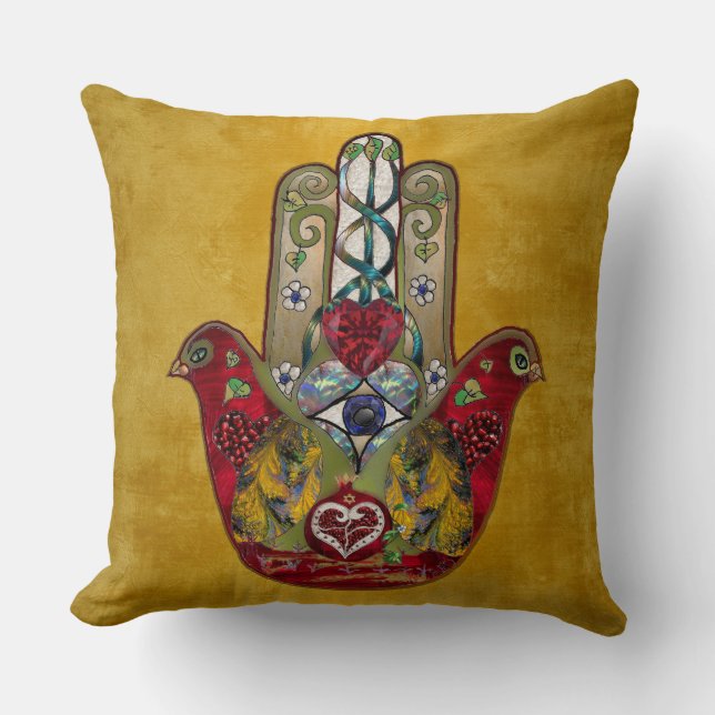 Almofada Rubis Romã Coração Vermelho Pássaro Hamsa (Frente)