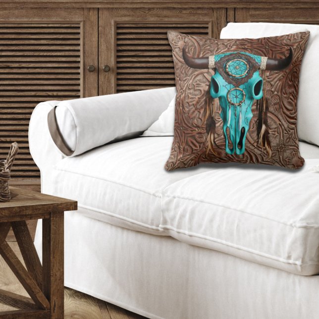 Almofada Russo Cowboy Southwestern Turquoise Bull Crânio (Criador carregado)