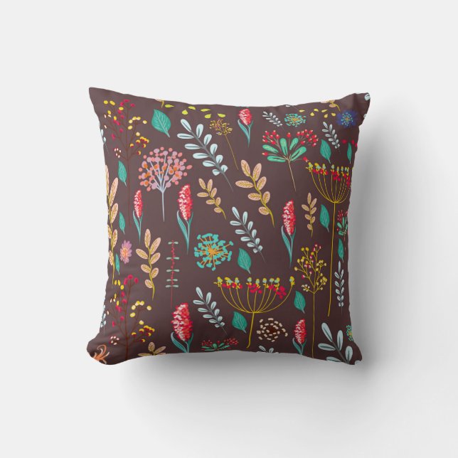 Almofada Rustic Autumn Wildflower Meadow on Chocolate Brown (Frente)