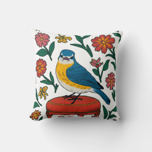 Almofada Rustic Bluebird on Pouf in Folk Art