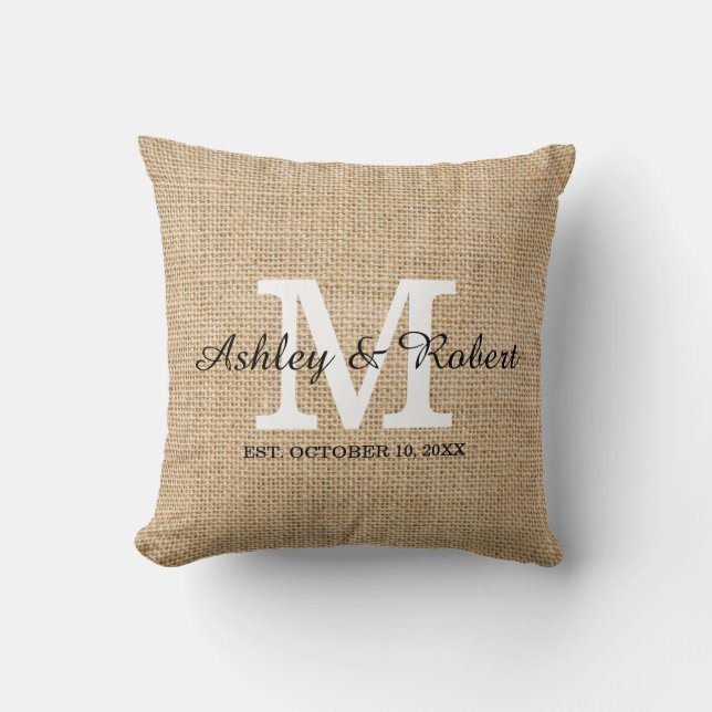 Almofada Rustic Burlap White Monogramas Keepsael Casado (Frente)