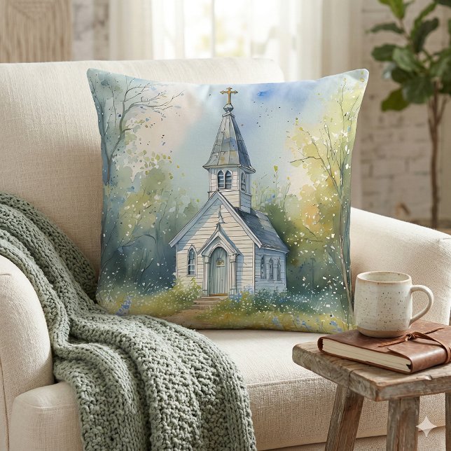Almofada Rustic Church Path in Wildflower Meadow (Rustic Church Path in Wildflower Meadow Throw Pillow Mockup A)