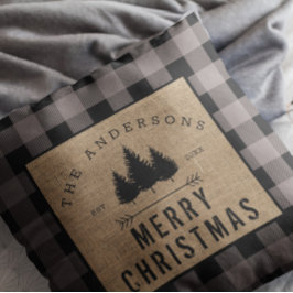 Almofada Rustic Country Family Name Merry Christmas Xadrez