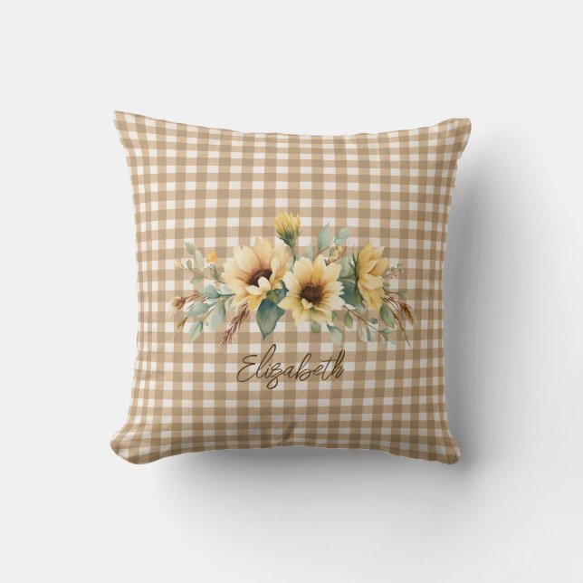 Almofada Rustic Fall Sunflower Brown Gingham Personalizado (Frente)