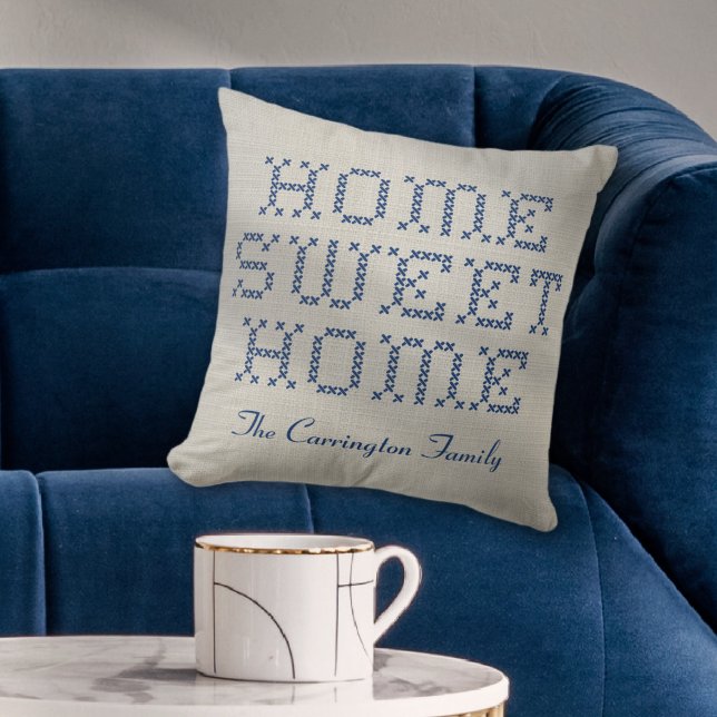 Almofada Rustic Faux Cross-Stitch Home Sweet Home Blue (Rustic and Charming Faux Cross-Stitch Home Sweet Home Blue Throw Pillow)