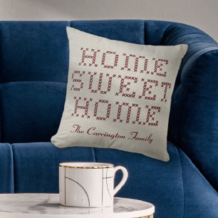 Almofada Rustic Faux Cross-Stitch Home Sweet Home Burgundy