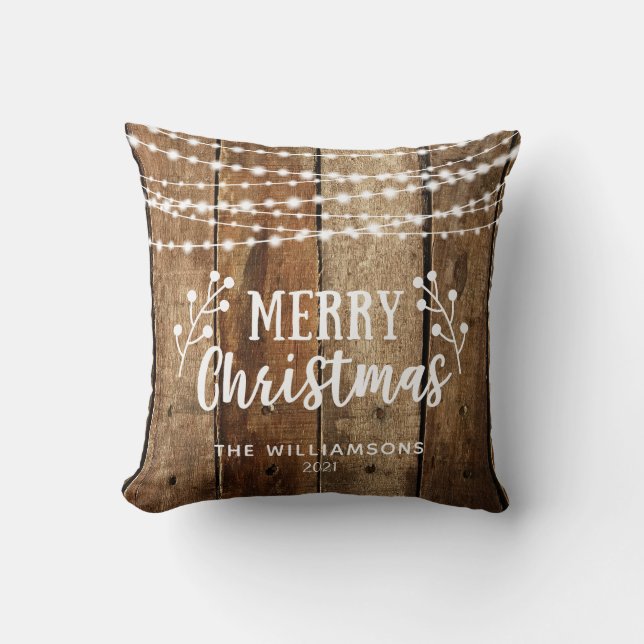 Almofada Rustic Felry Christmas Wood and Lights Name (Frente)